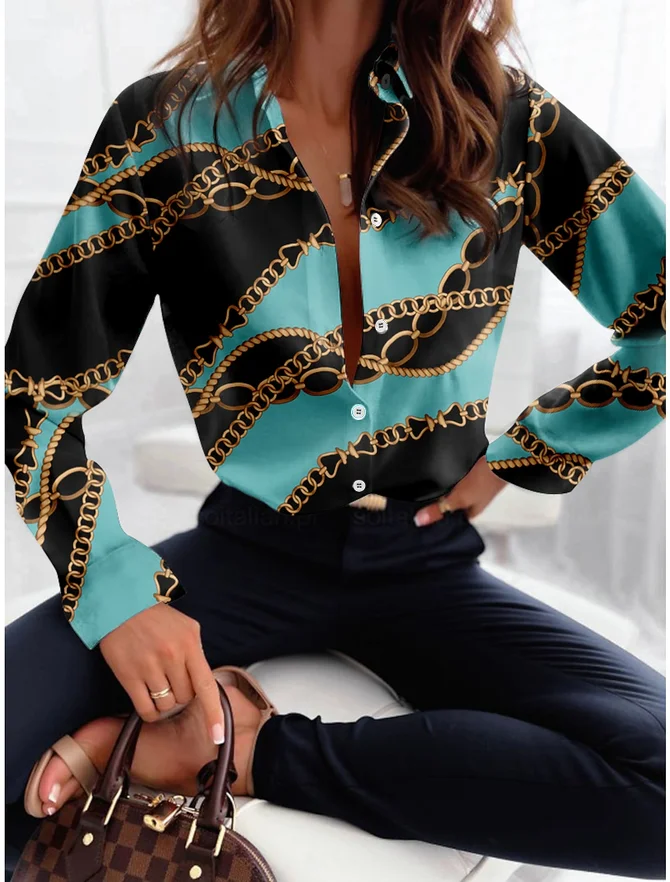 Women's Long Sleeve Shirt Spring/Fall Cyan Geometric Shirt Collar Daily Going Out Casual Top