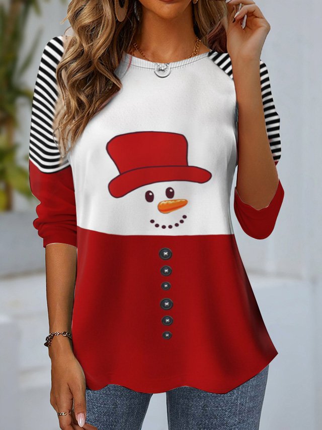 Women's Long Sleeve T-shirt Spring/Fall Red Striped Jersey Crew Neck Daily Going Out Casual Top