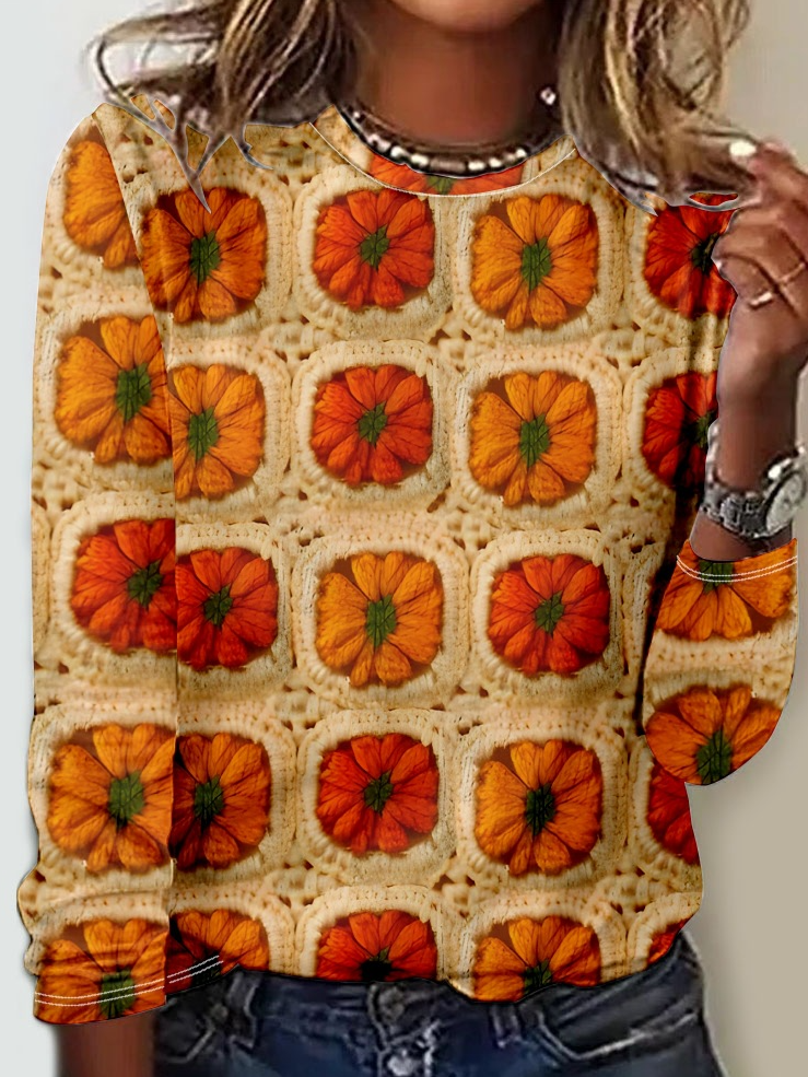 Women's Pumpkin Knitted Print Casual 3D Printing Long Sleeve Shirt