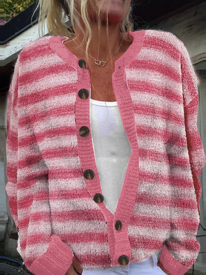 Pink Breast Cancer Awareness 3D Printing Striped Crew Neck Knitted Casual Cardigan