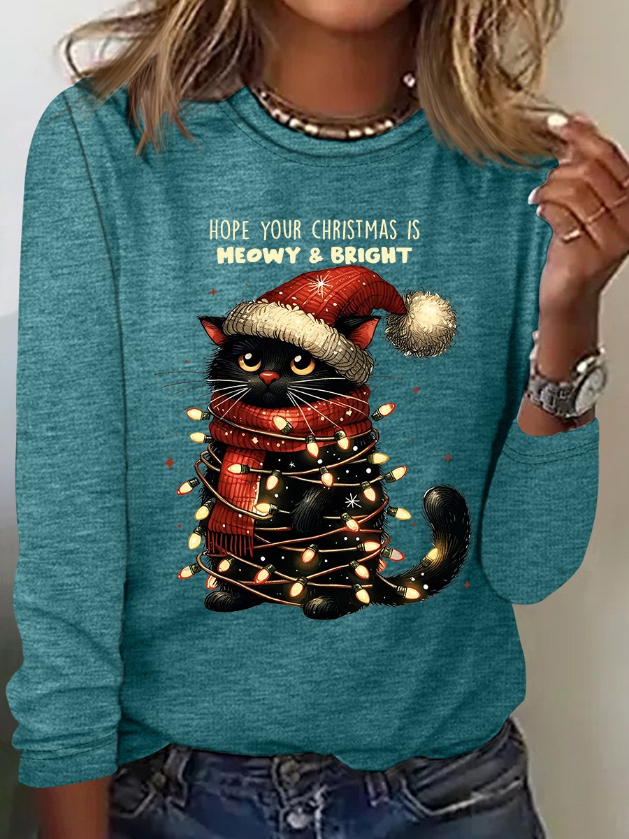 Hope Your Christmas Is Meowy and Bright Casual Long Sleeve Shirt