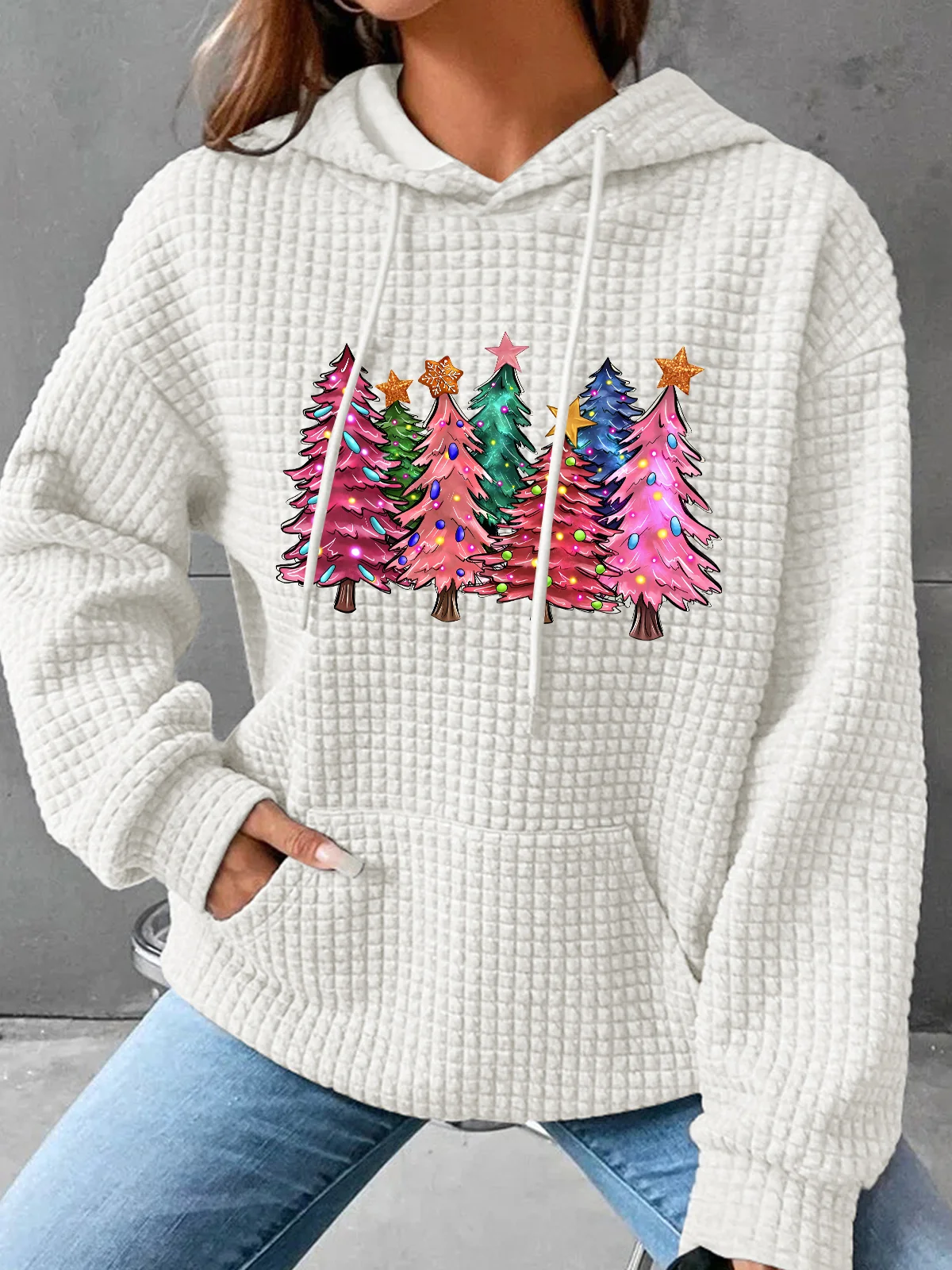 Pink Tree Christmas Simple Loose Hoodie