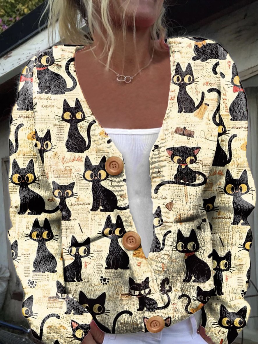 Cute Cartoon Cat Casual Loose Wool/Knitting V Neck Cardigan