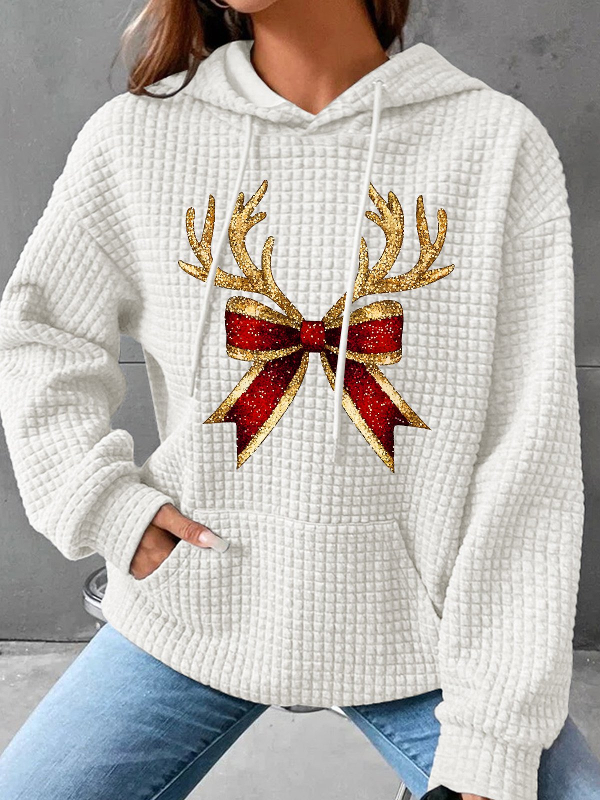 Christmas Coquette Bow Simple Loose Hoodie