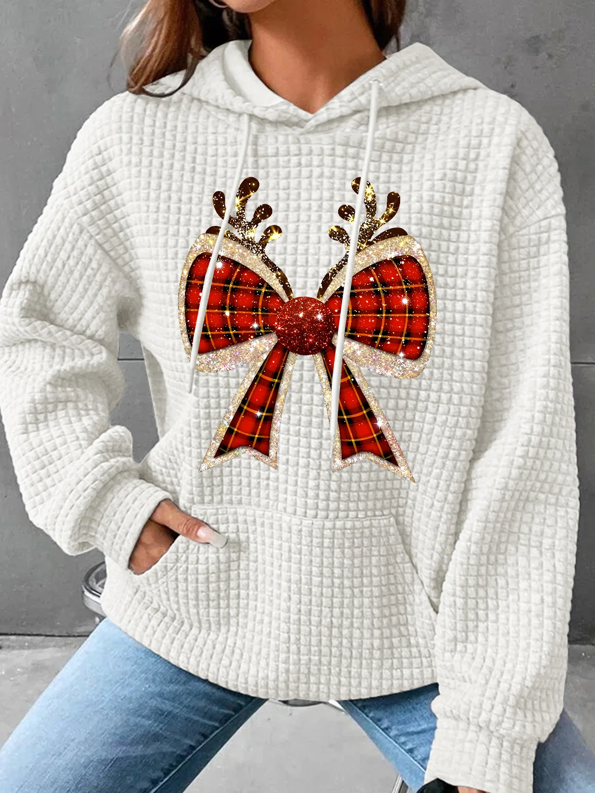 Christmas Coquette Bow Simple Loose Hoodie