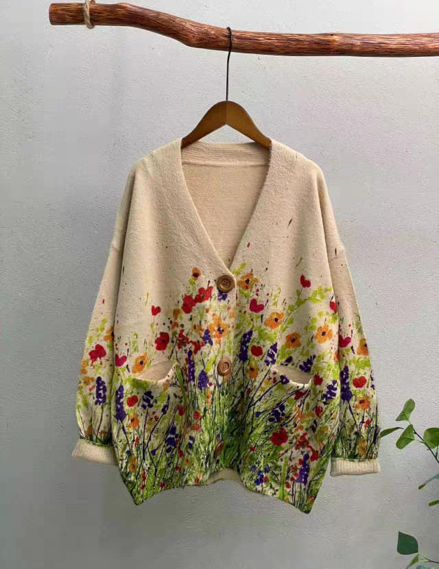 Floral Casual Wool/Knitting V Neck Loose Cardigan