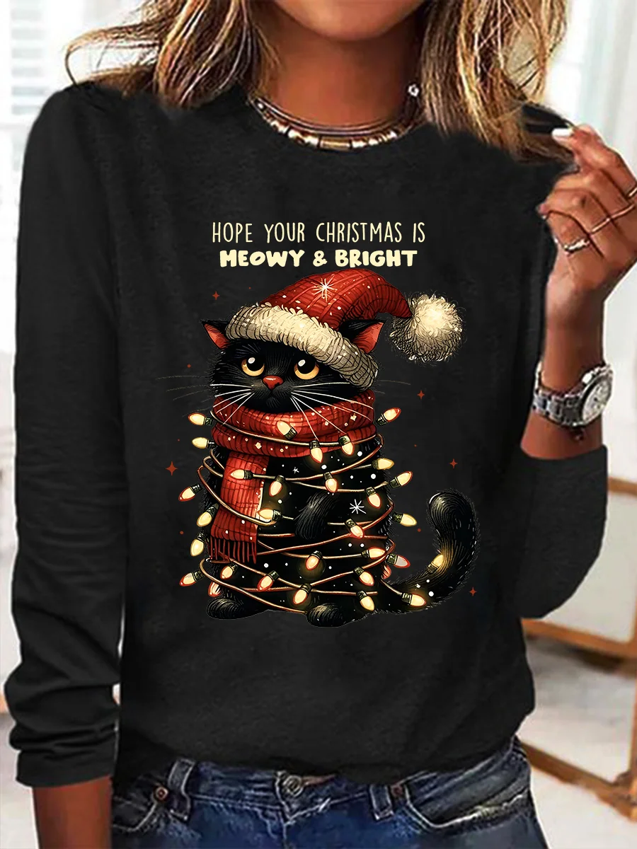 Hope Your Christmas Is Meowy and Bright Casual Long Sleeve Shirt