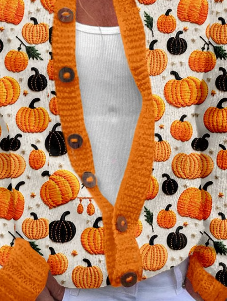 Lady Cute Pumpkin Crew Neck Casual Regular Fit Cardigan