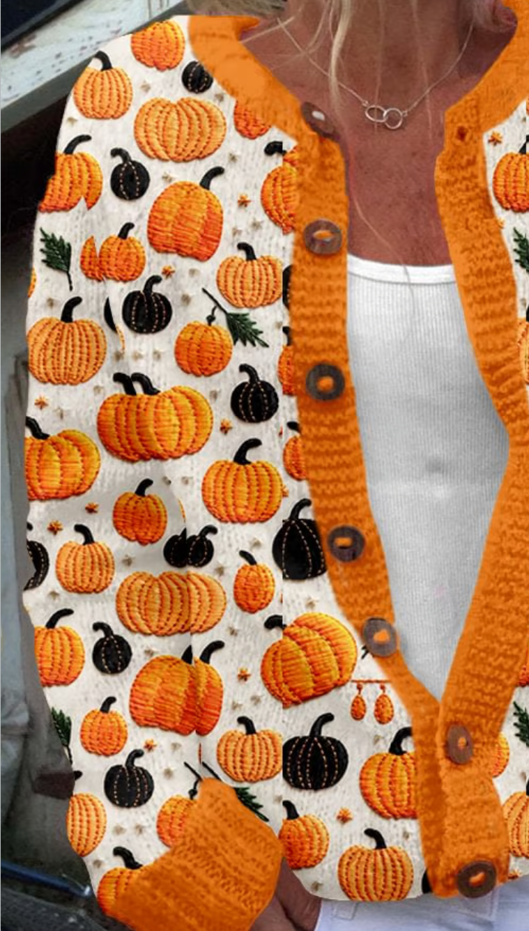 Lady Cute Pumpkin Crew Neck Casual Regular Fit Cardigan