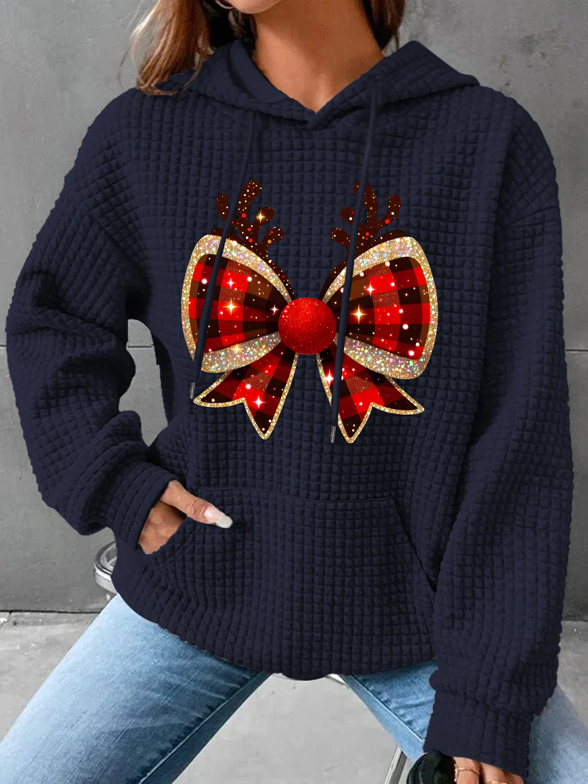 Christmas Coquette Bow Simple Loose Hoodie