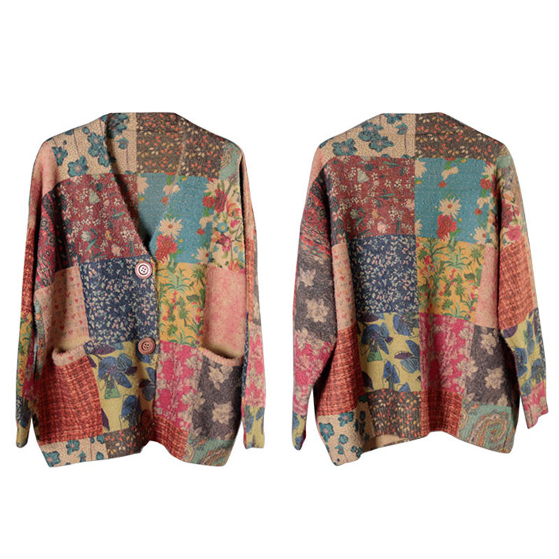 Floral Wool/Knitting Loose V Neck Simple Cardigan