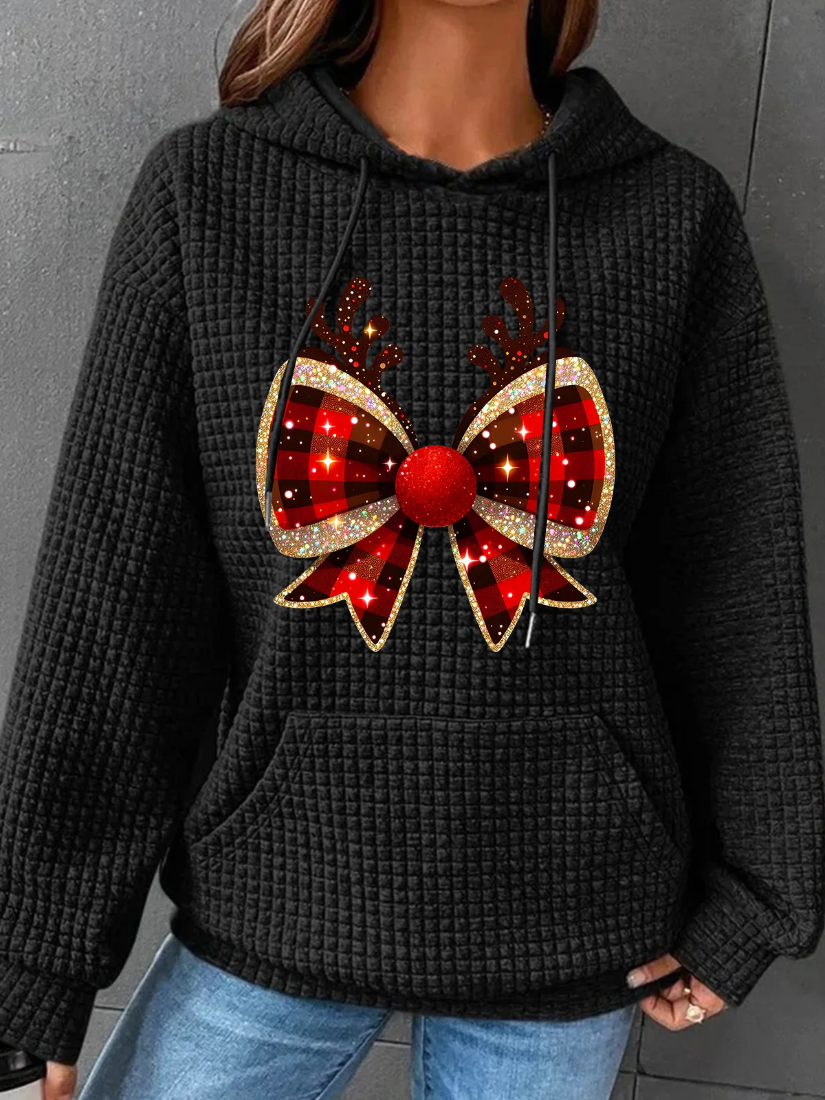 Christmas Coquette Bow Simple Loose Hoodie