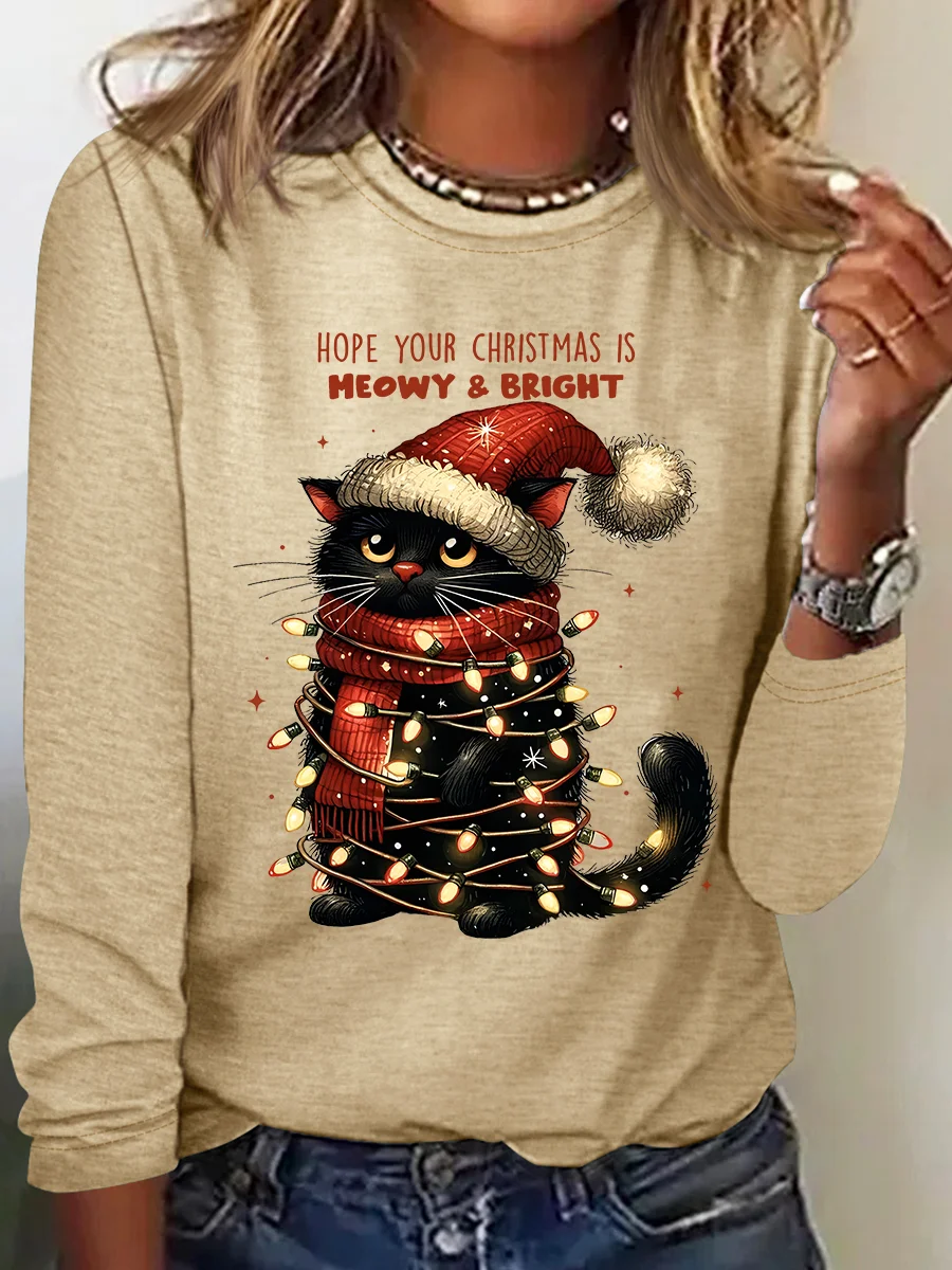 Hope Your Christmas Is Meowy and Bright Casual Long Sleeve Shirt