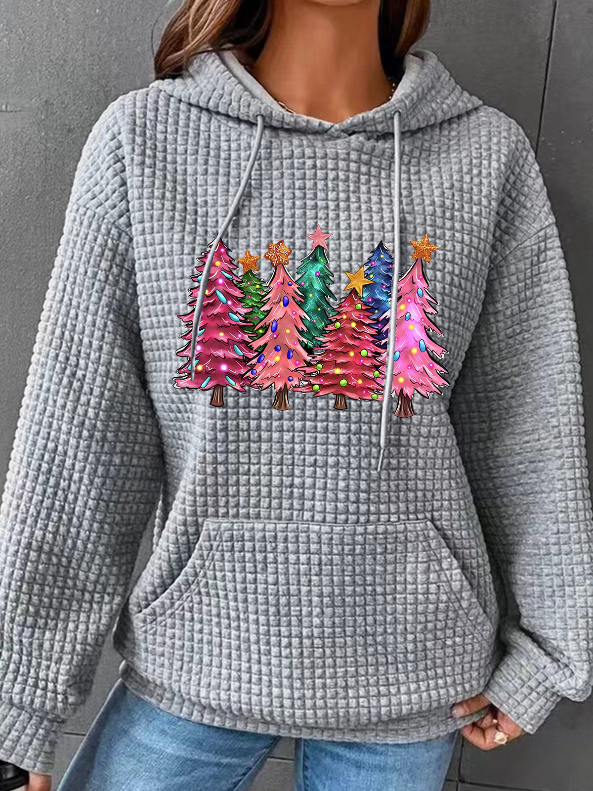 Pink Tree Christmas Simple Loose Hoodie