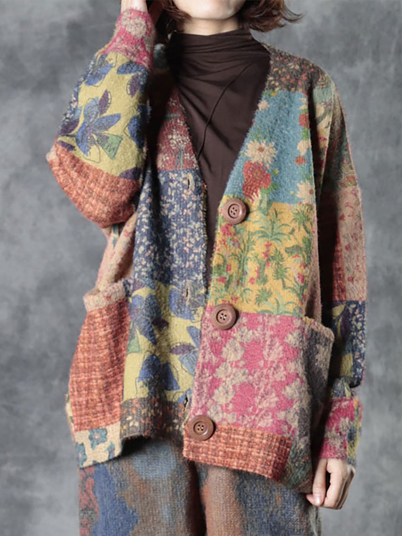 Floral Wool/Knitting Loose V Neck Simple Cardigan