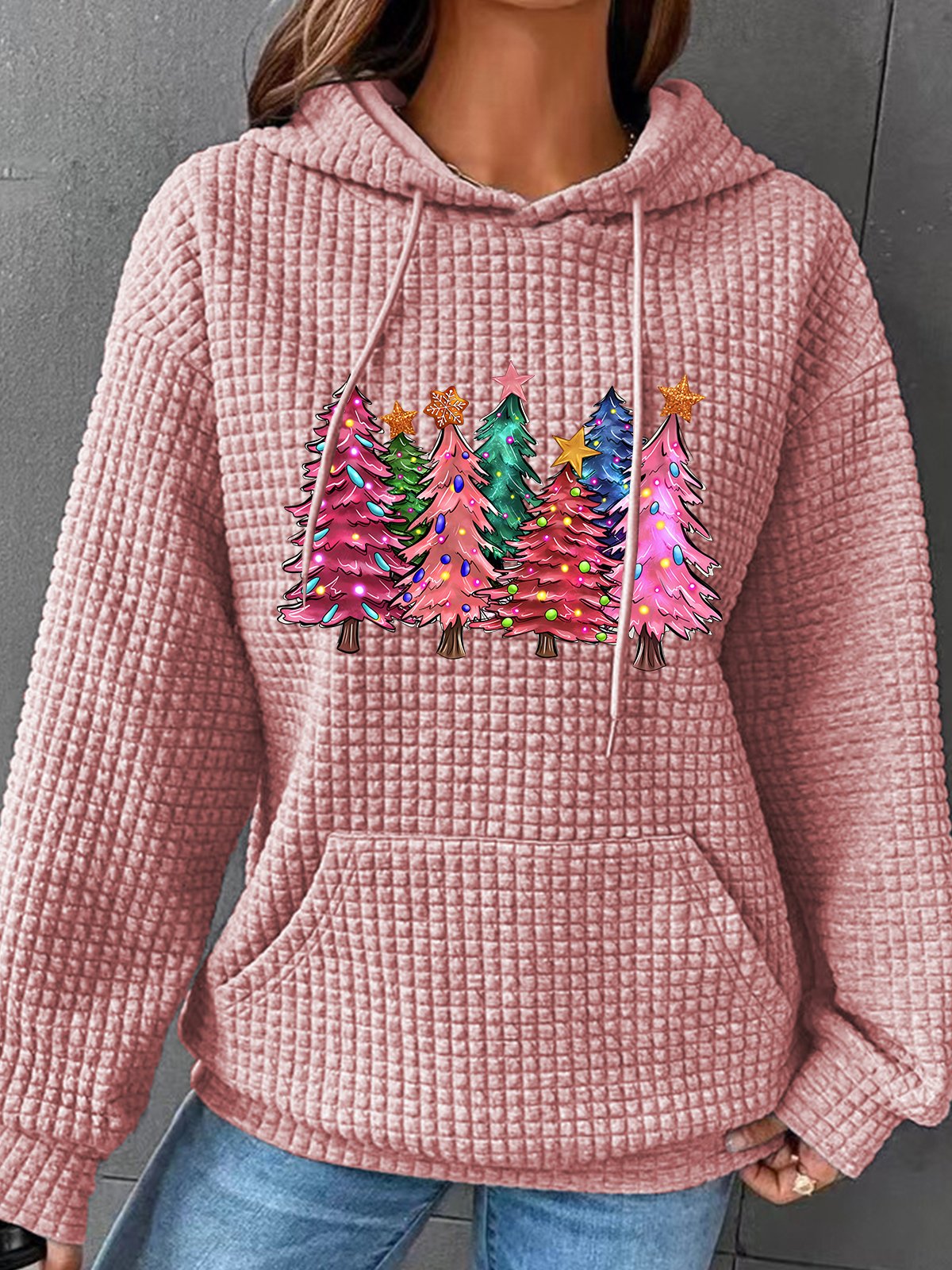 Pink Tree Christmas Simple Loose Hoodie