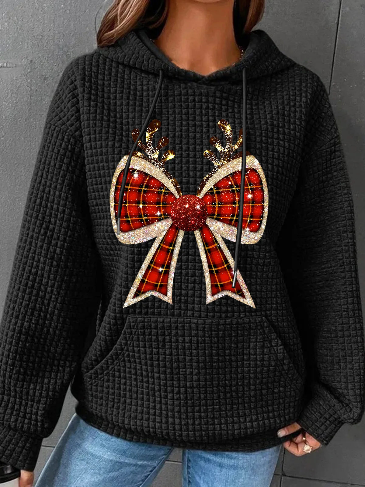 Christmas Coquette Bow Simple Loose Hoodie