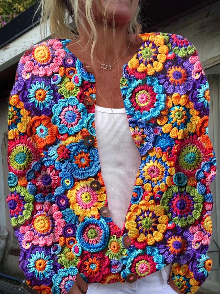 3D Printing Colorful Funny Print Buttoned Cardigan Sweater