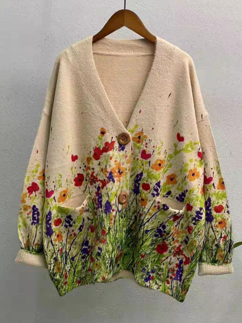 Floral Casual Wool/Knitting V Neck Loose Cardigan