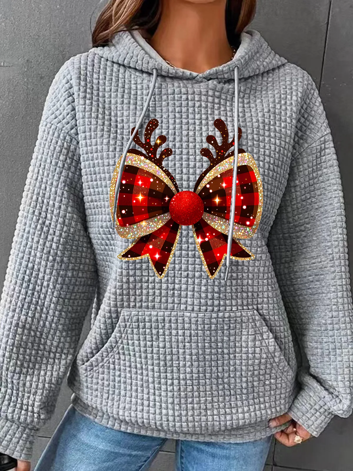 Christmas Coquette Bow Simple Loose Hoodie