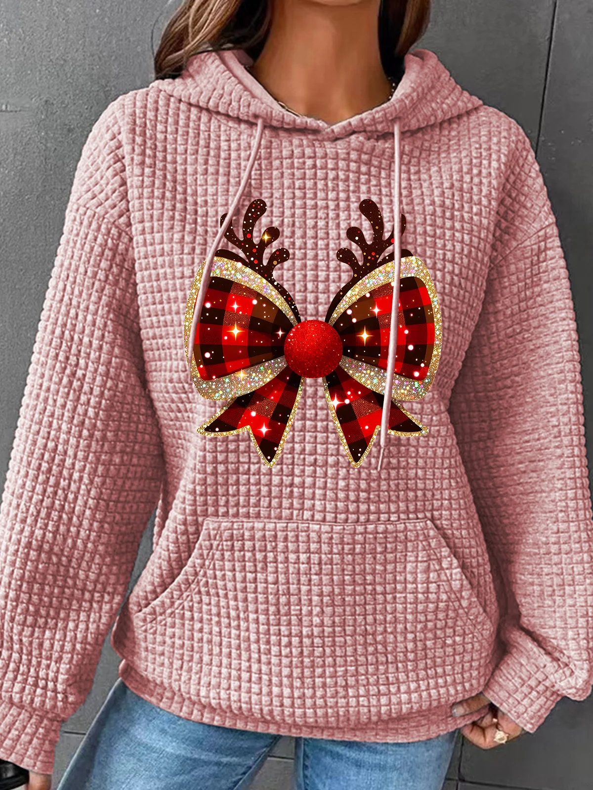 Christmas Coquette Bow Simple Loose Hoodie