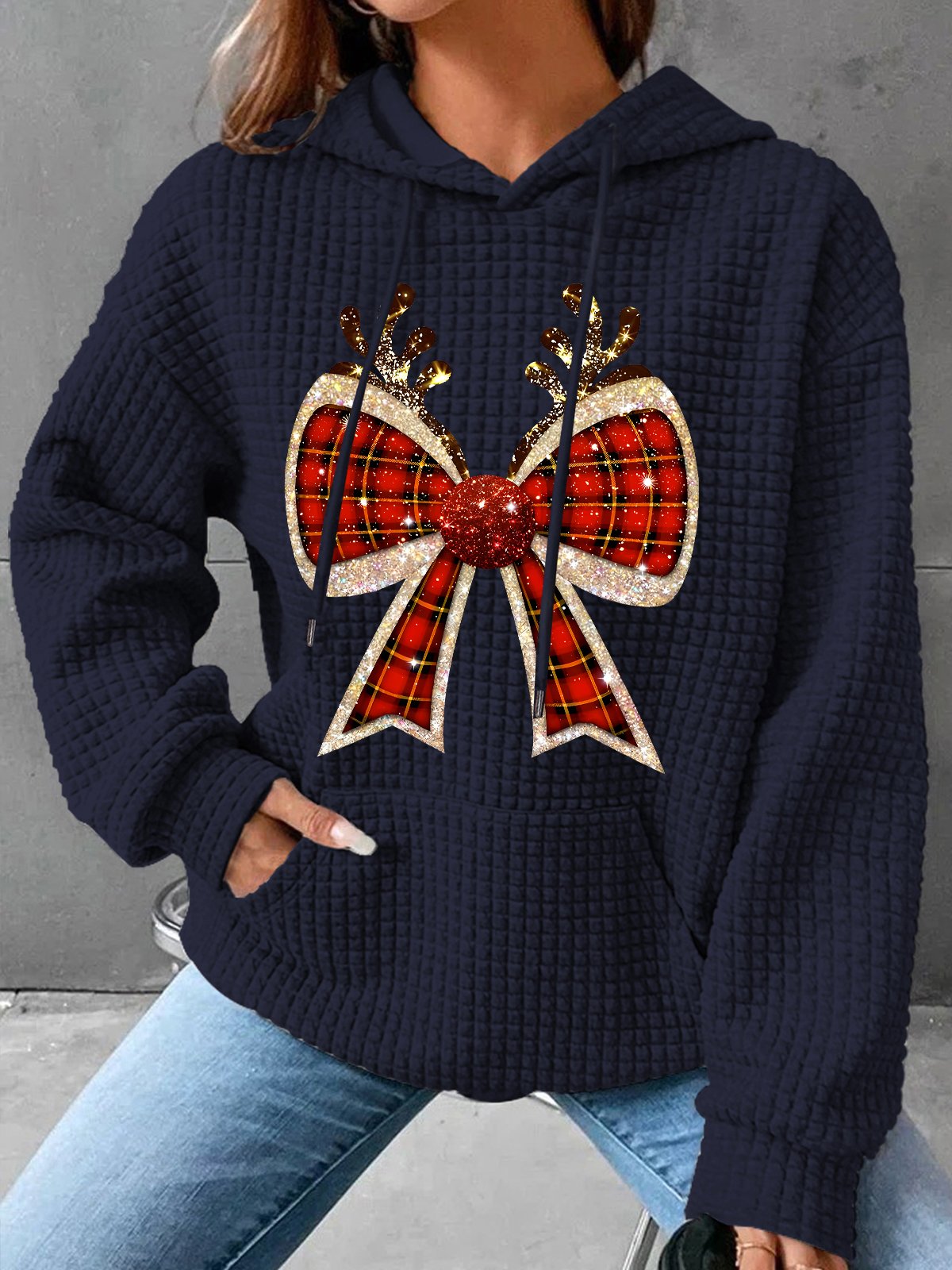 Christmas Coquette Bow Simple Loose Hoodie