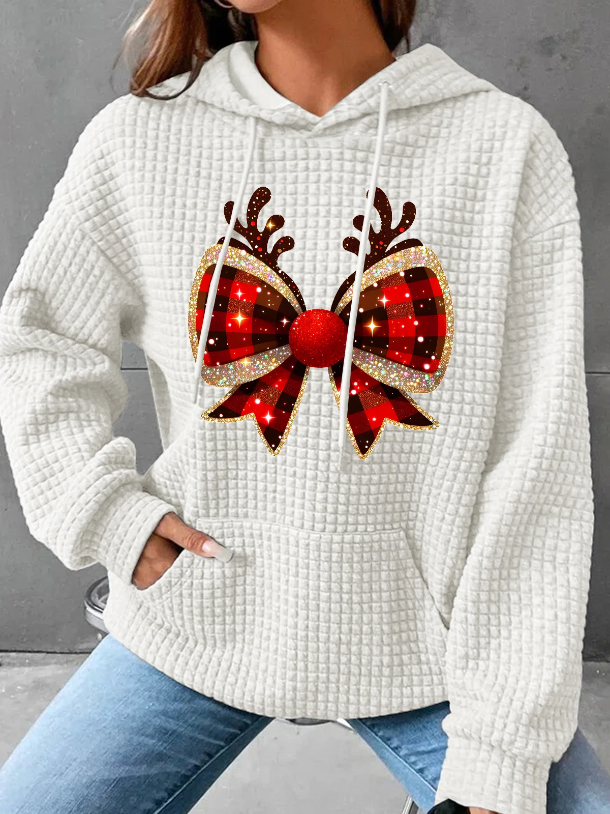 Christmas Coquette Bow Simple Loose Hoodie