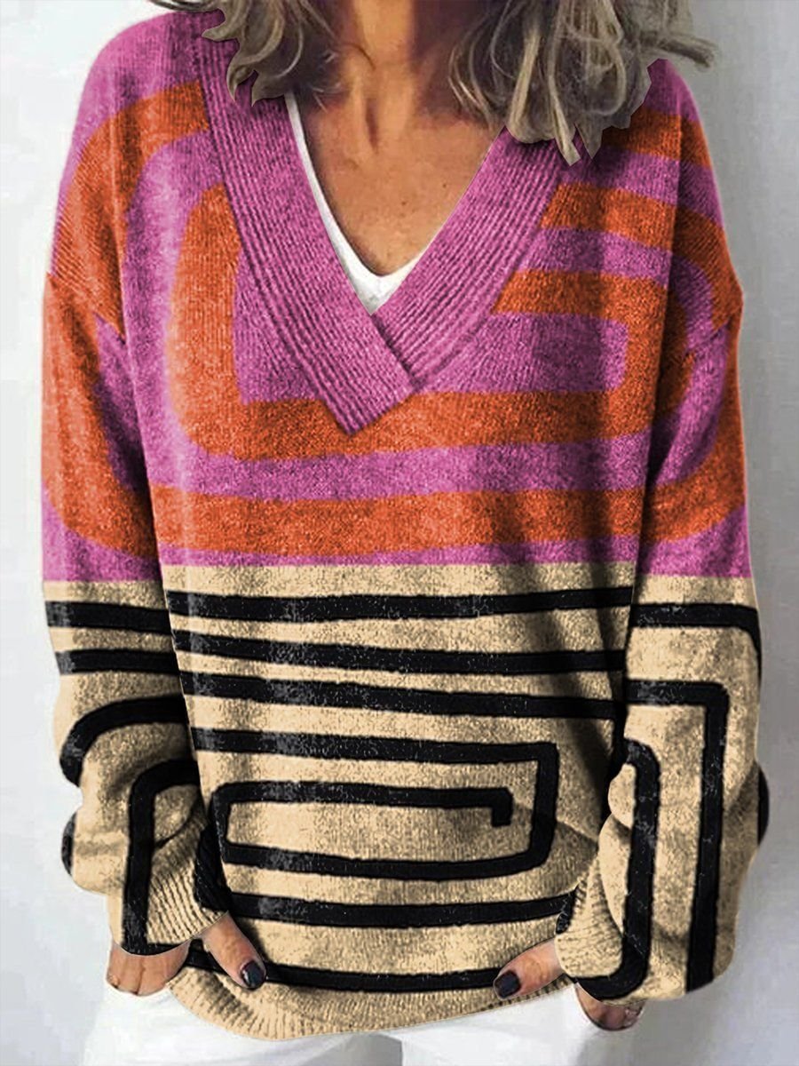 Geometric V Neck Vintage Loose Sweater