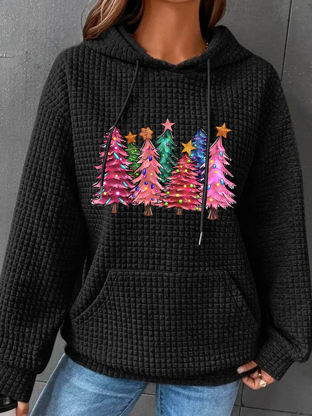 Pink Tree Christmas Simple Loose Hoodie