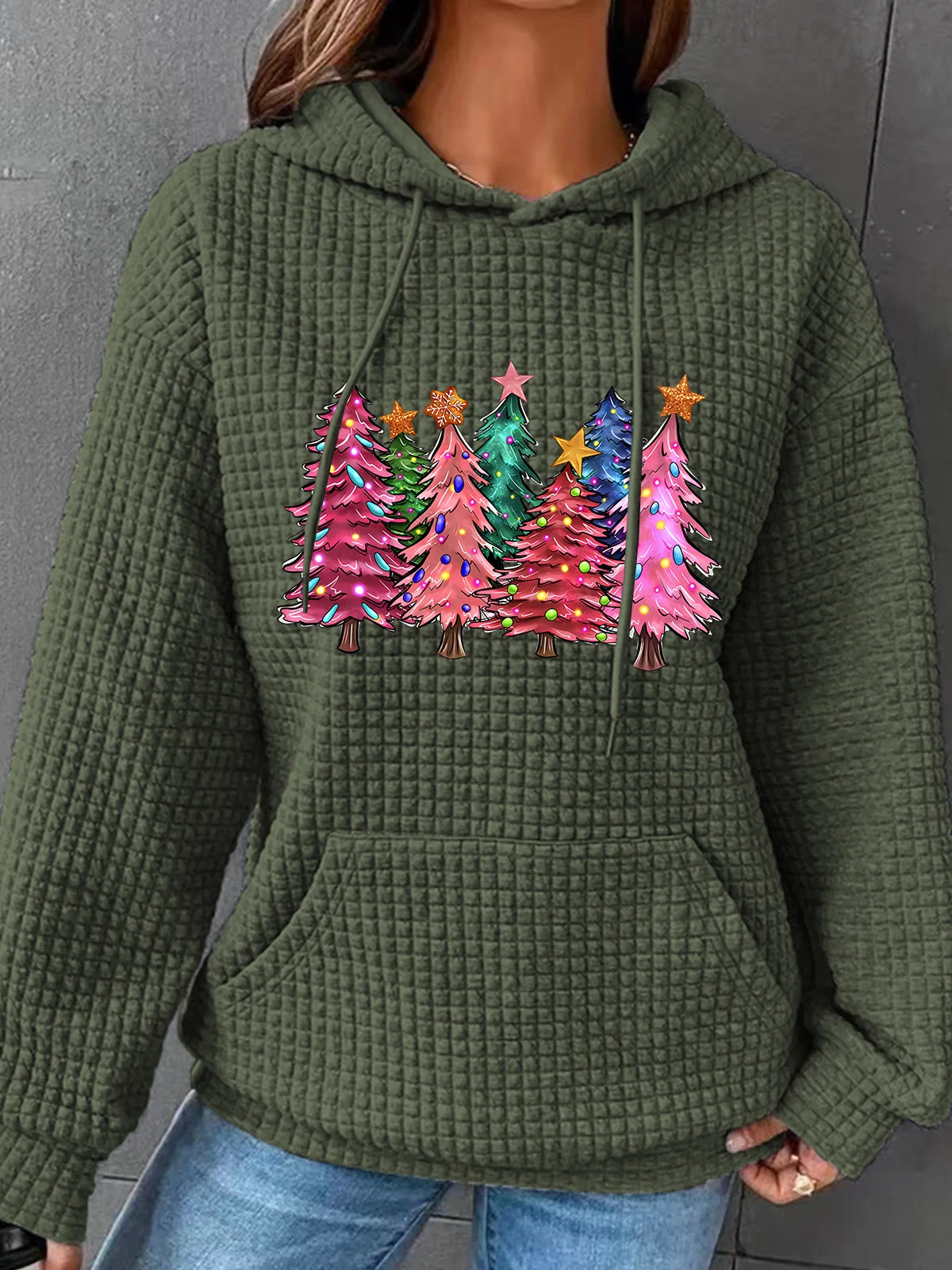 Pink Tree Christmas Simple Loose Hoodie