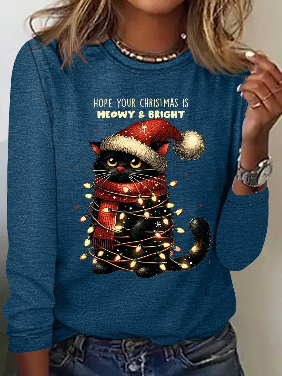 Hope Your Christmas Is Meowy and Bright Casual Long Sleeve Shirt