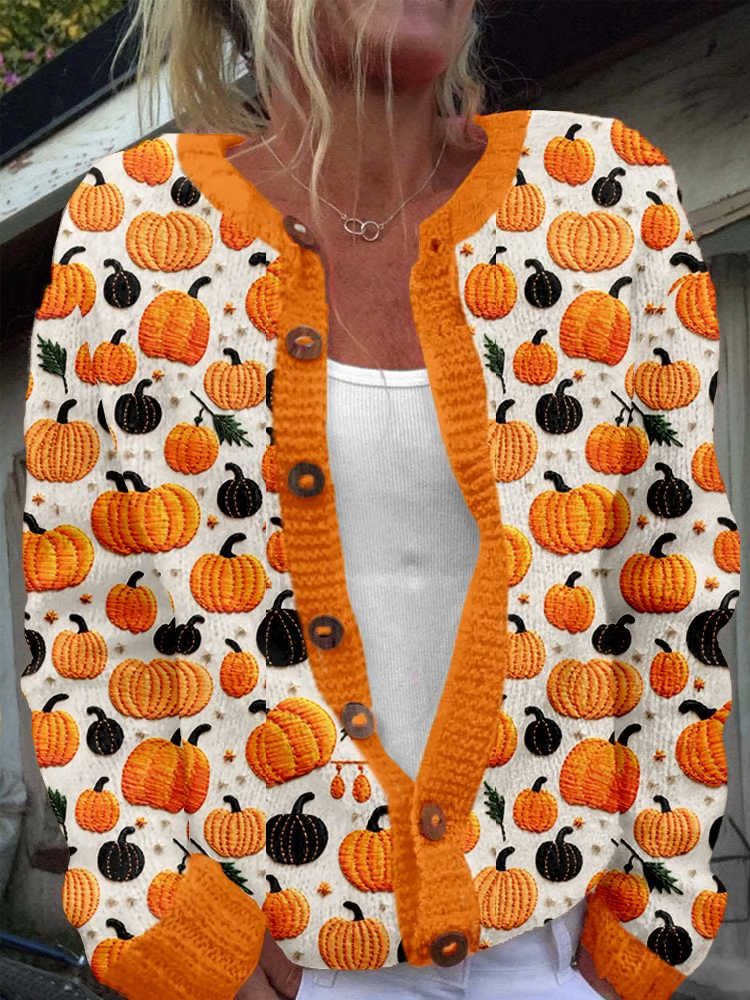 Lady Cute Pumpkin Crew Neck Casual Regular Fit Cardigan