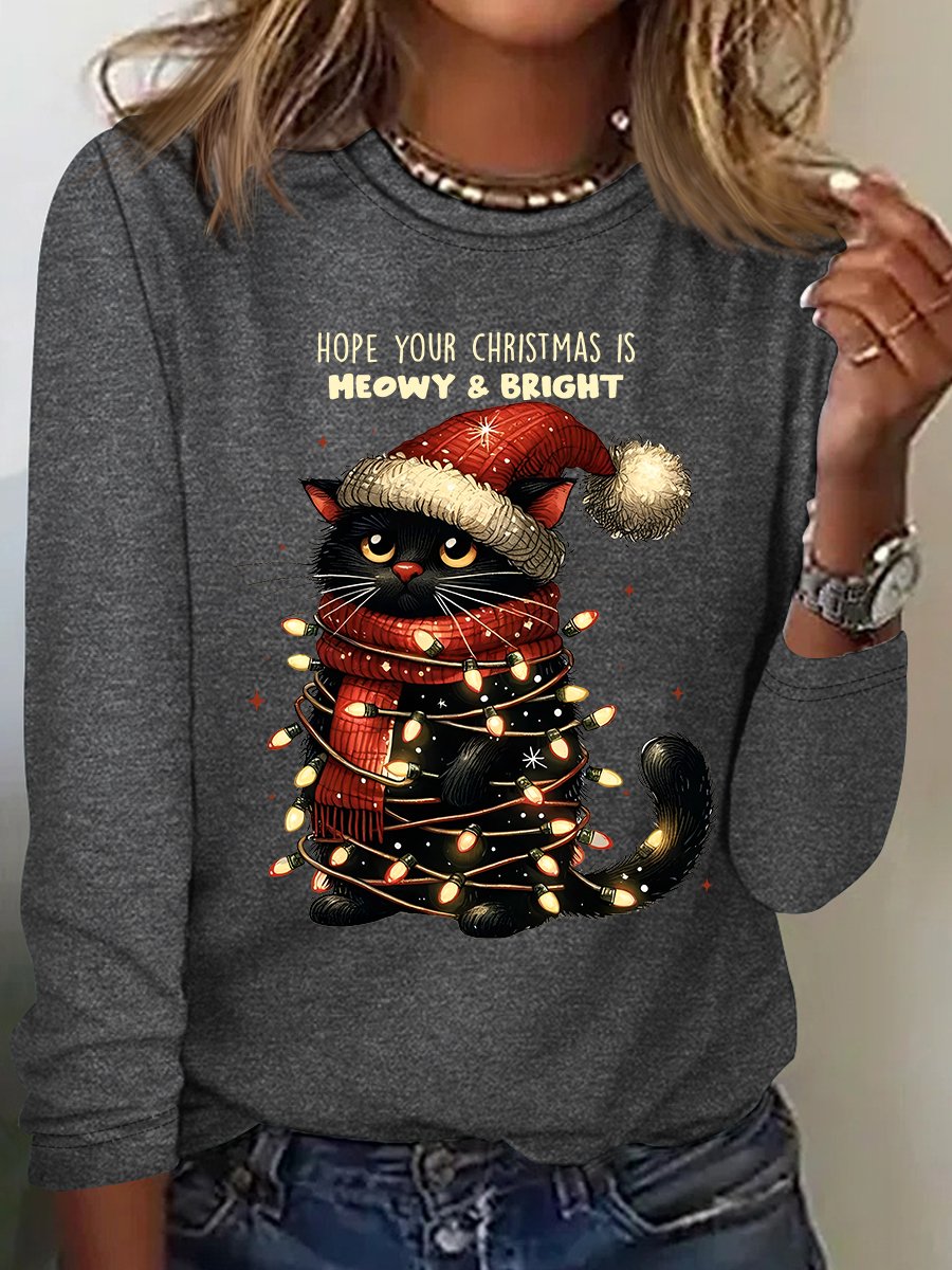 Hope Your Christmas Is Meowy and Bright Casual Long Sleeve Shirt