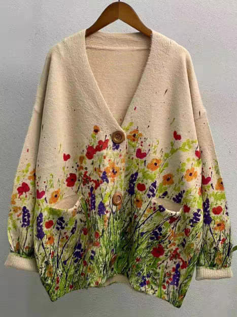 Floral Casual Wool/Knitting V Neck Loose Cardigan