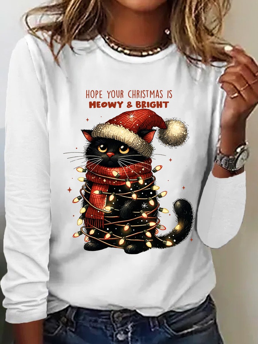 Hope Your Christmas Is Meowy and Bright Casual Long Sleeve Shirt