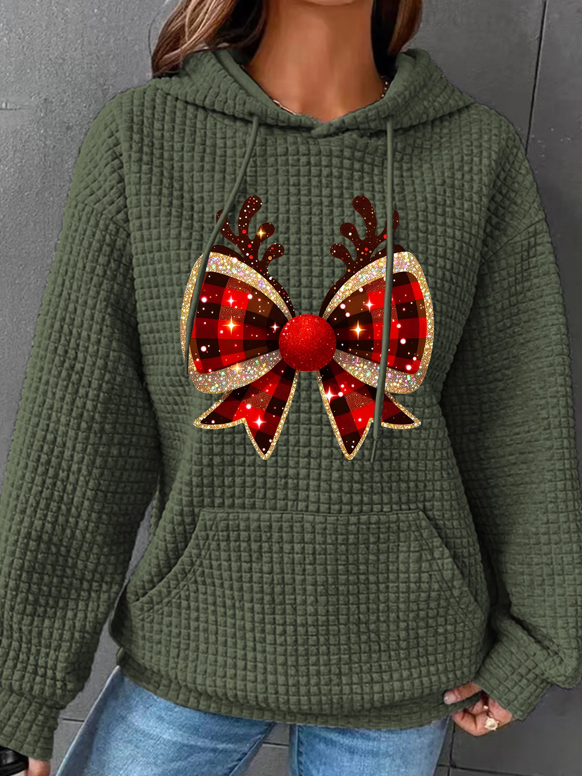 Christmas Coquette Bow Simple Loose Hoodie