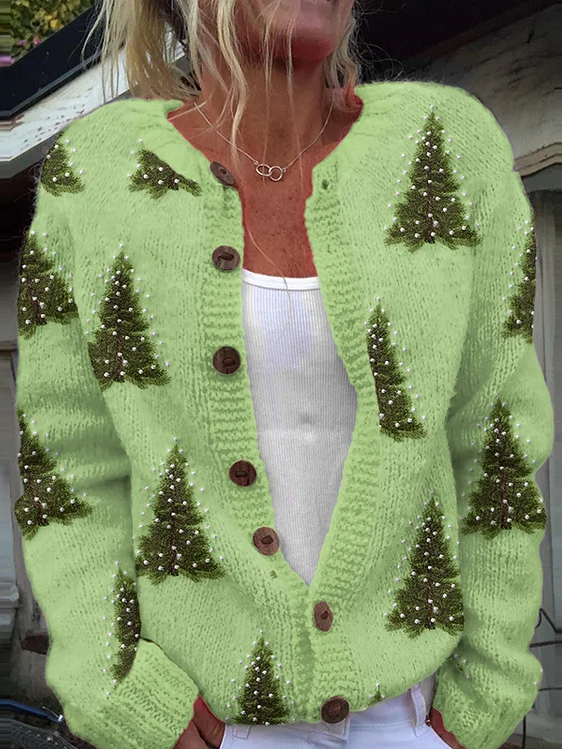 Women's Christmas Tree Art Button Cozy Sweater