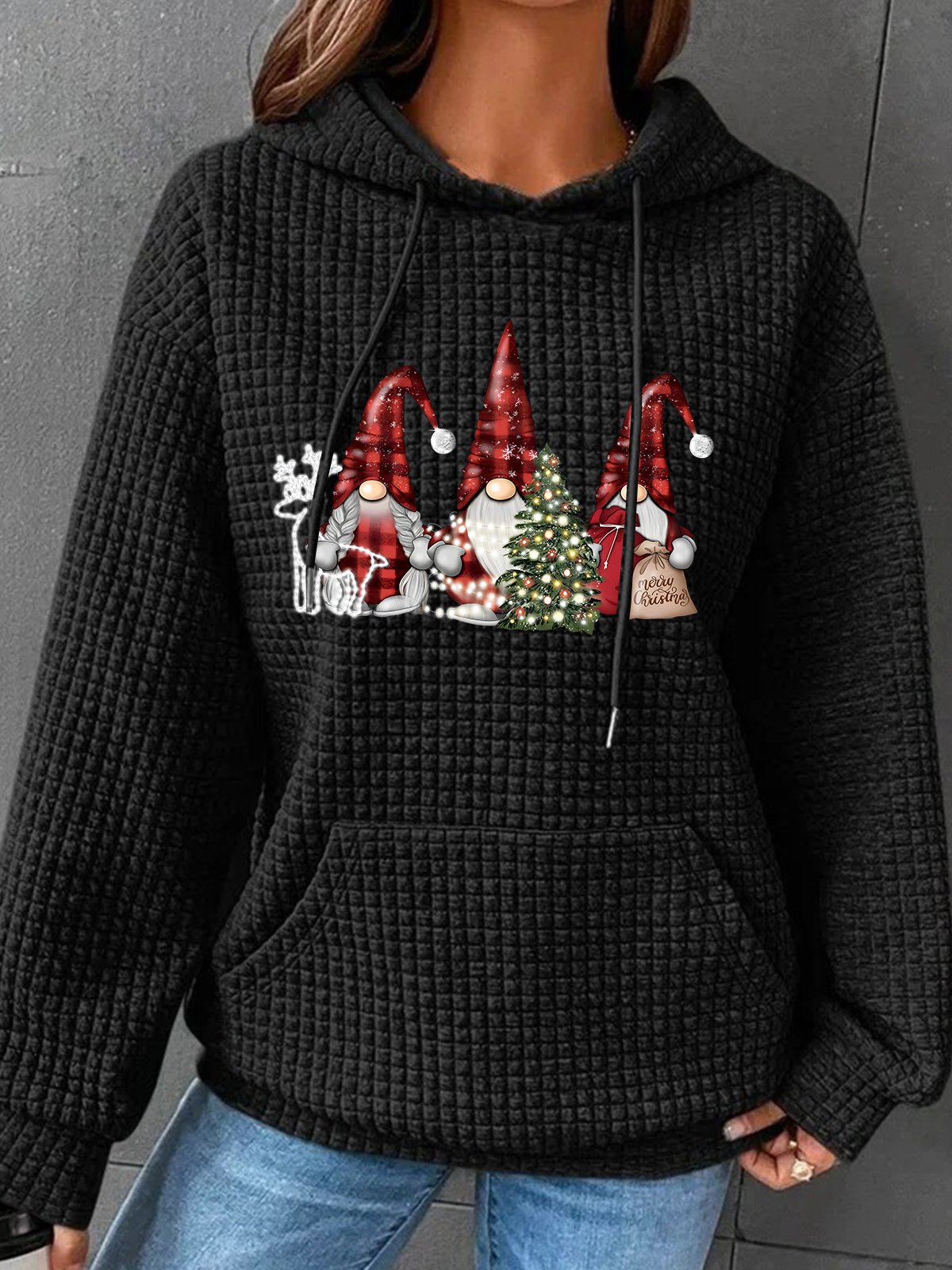 Christmas Gnomes Buffalo Plaid Gnomes Simple Loose Hoodie