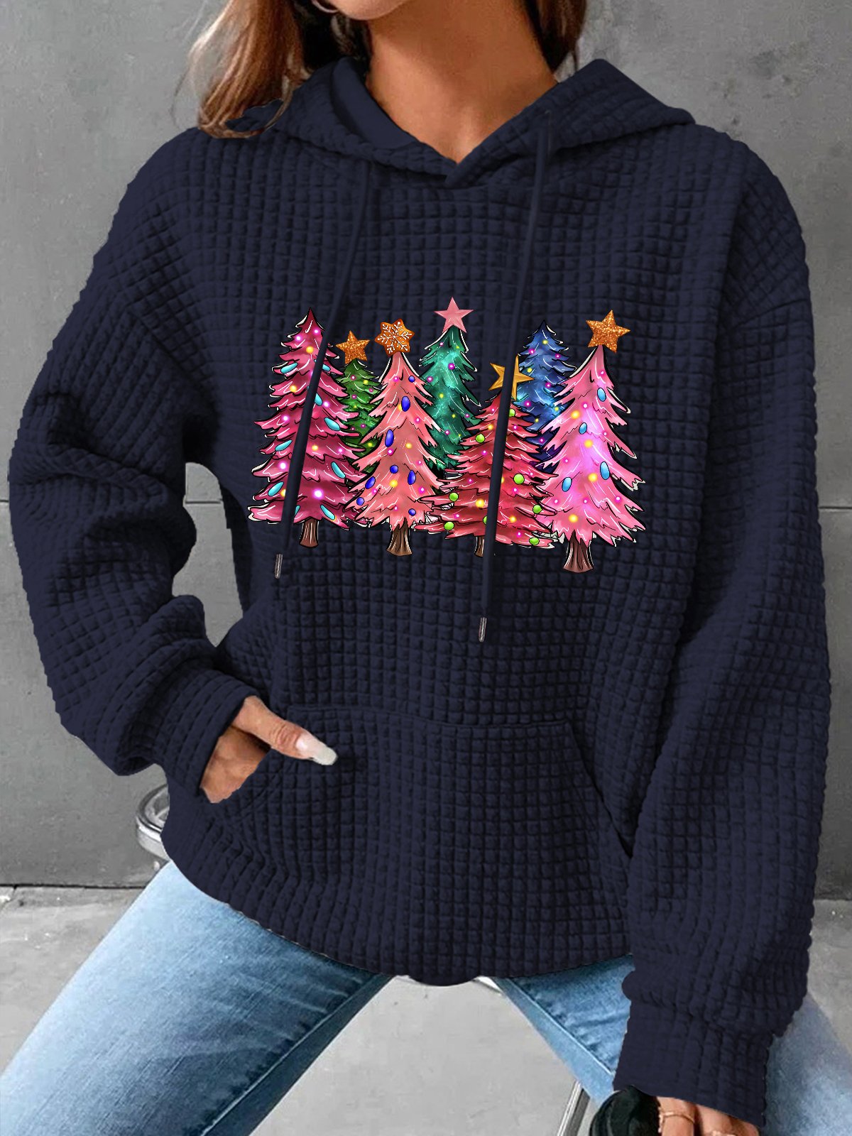 Pink Tree Christmas Simple Loose Hoodie