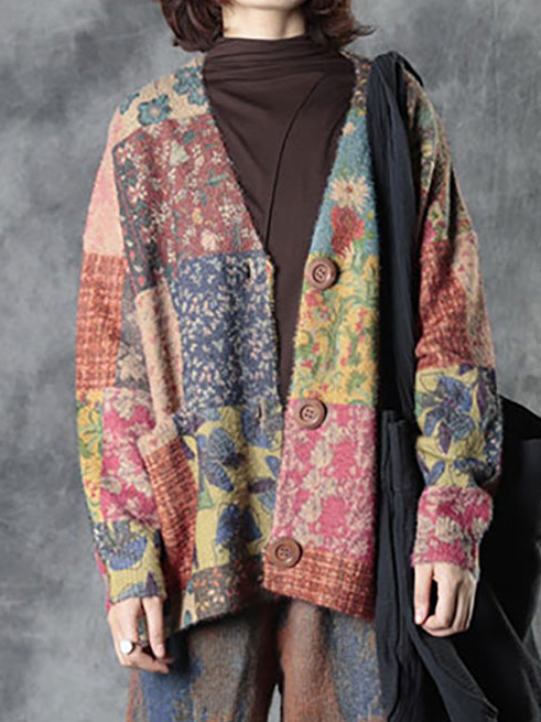 Floral Wool/Knitting Loose V Neck Simple Cardigan