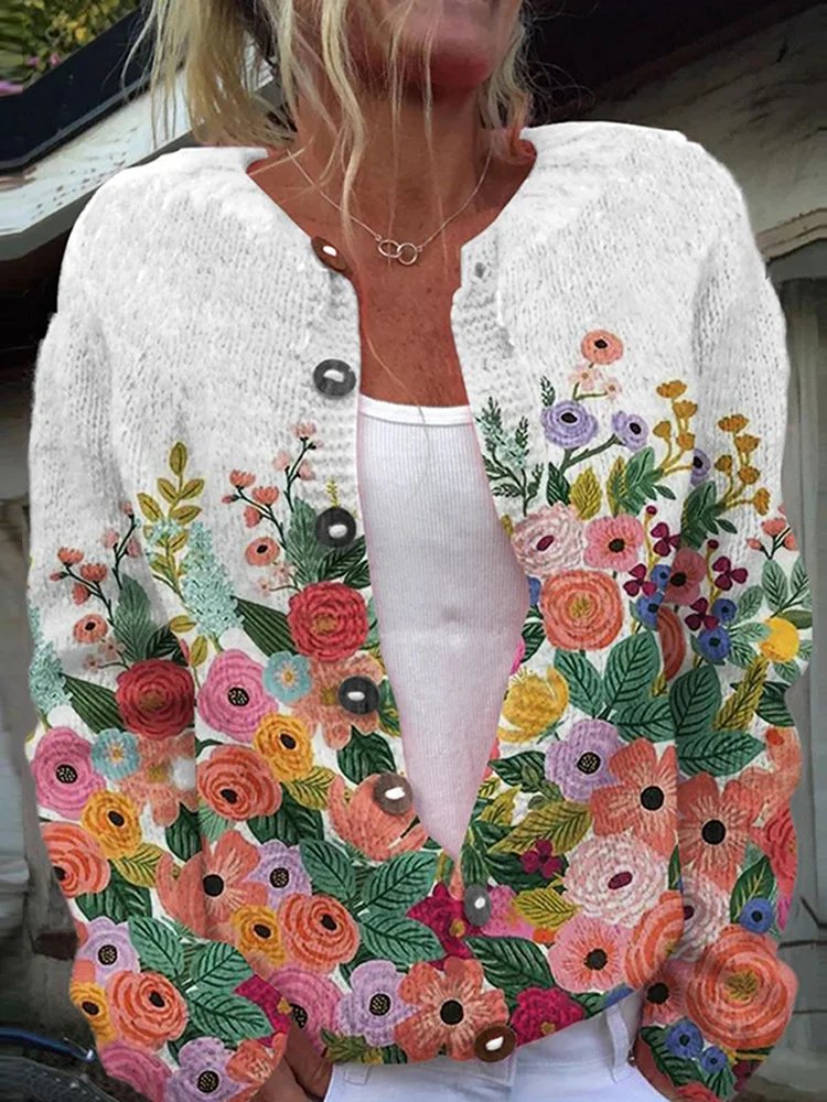 Floral Print Buttoned Casual Cardigan Sweater