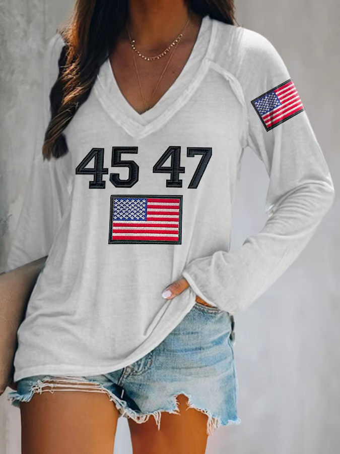 Women's Vintage 45 47 Print V Neck Raglan Sleeve Tee