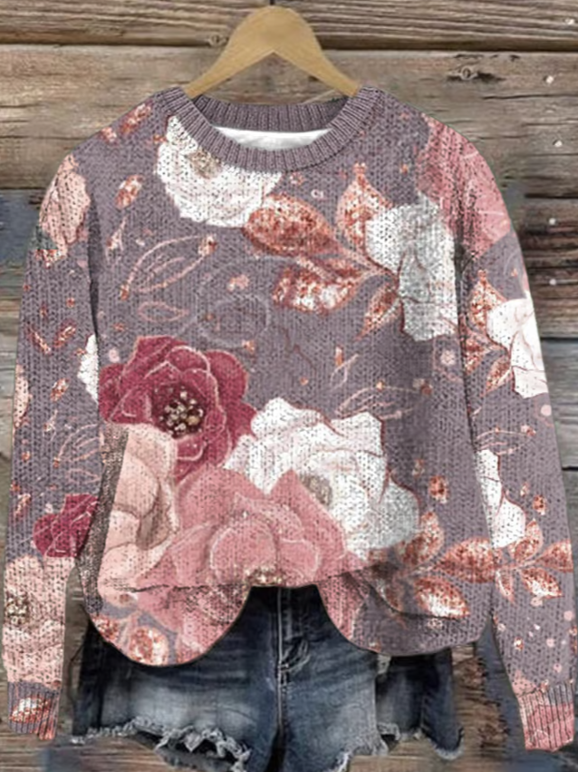 Women's Breast Cancer Flower Print 3D Printing Casual Crew Neck Sweater