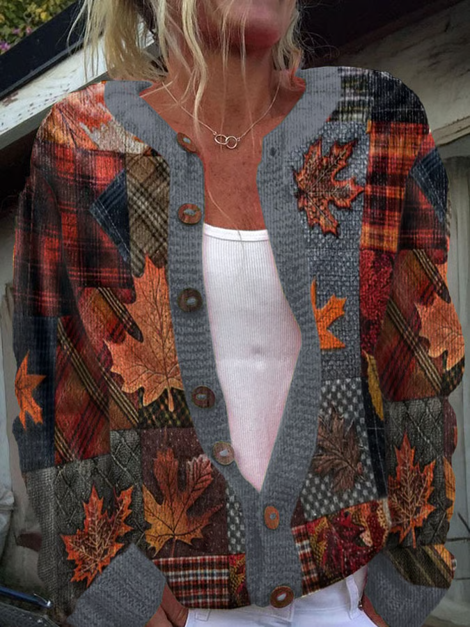 Women's Thanksgiving Pumpkin Maple Leaf Print Crew Neck Knitted Casual Cardigan