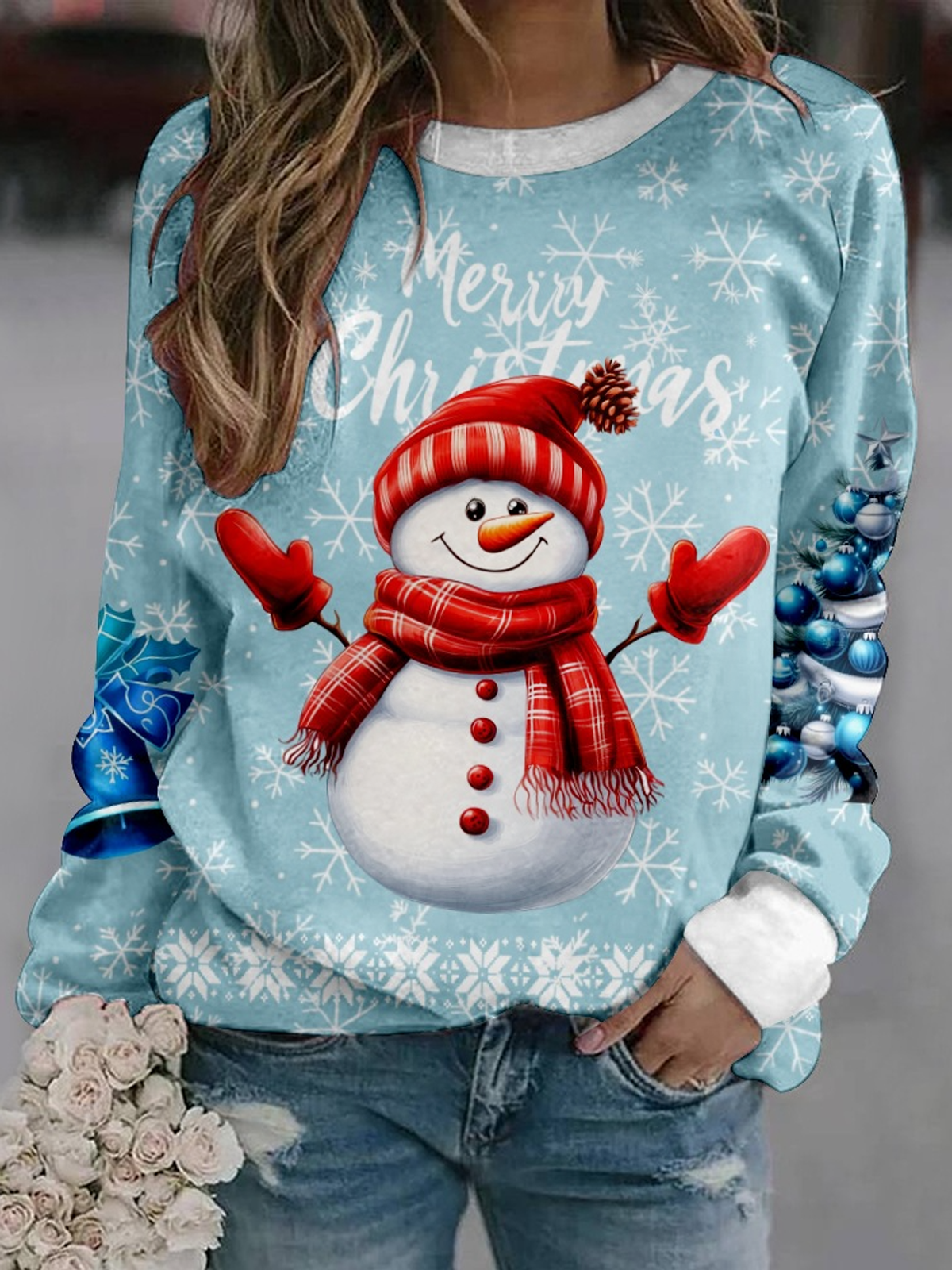 Santa Claus Crew Neck Casual Loose Snowflake Sweatshirt