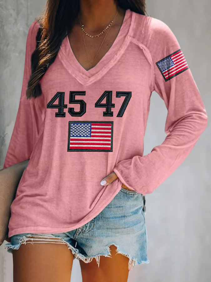 Women's Vintage 45 47 Print V Neck Raglan Sleeve Tee