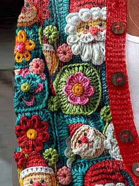 3D Printing Christmas Santa Crochet Art Print Long Sleeve Cardigan