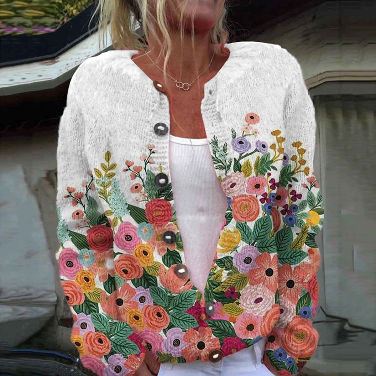 Floral Print Buttoned Casual Cardigan Sweater