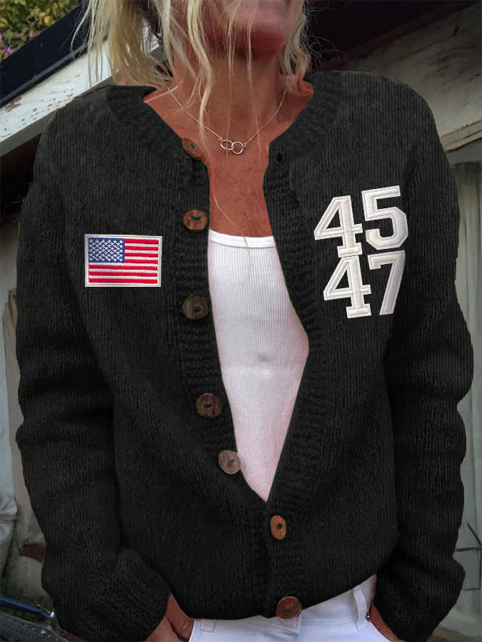 Flag Print Buttons Cardigan Sweater