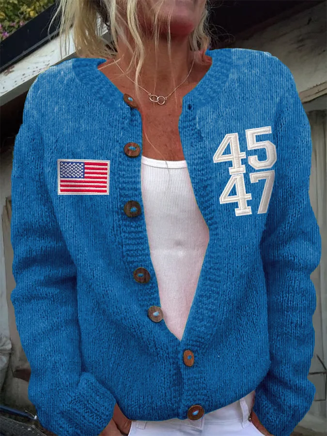 Flag Print Buttons Cardigan Sweater